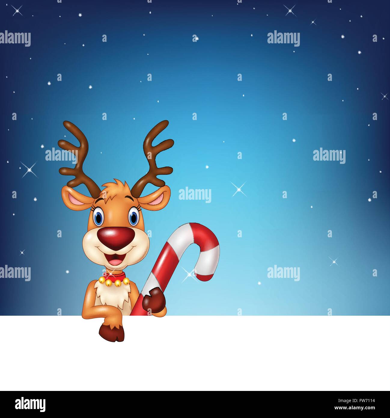 Cute deer holding blank sign and Christmas candy on a night sky background Stock Vector