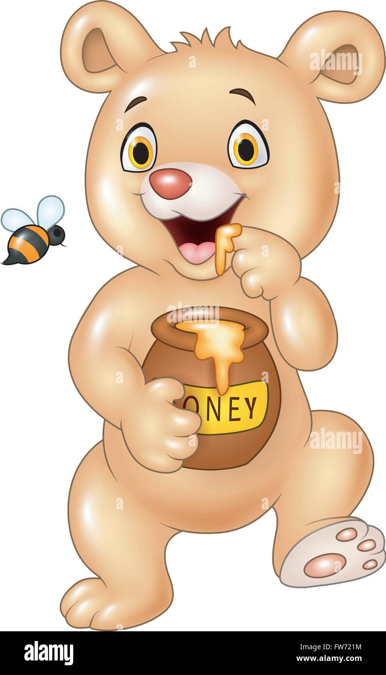 Cute baby bear holding honey pot isolated on white background Stock ...