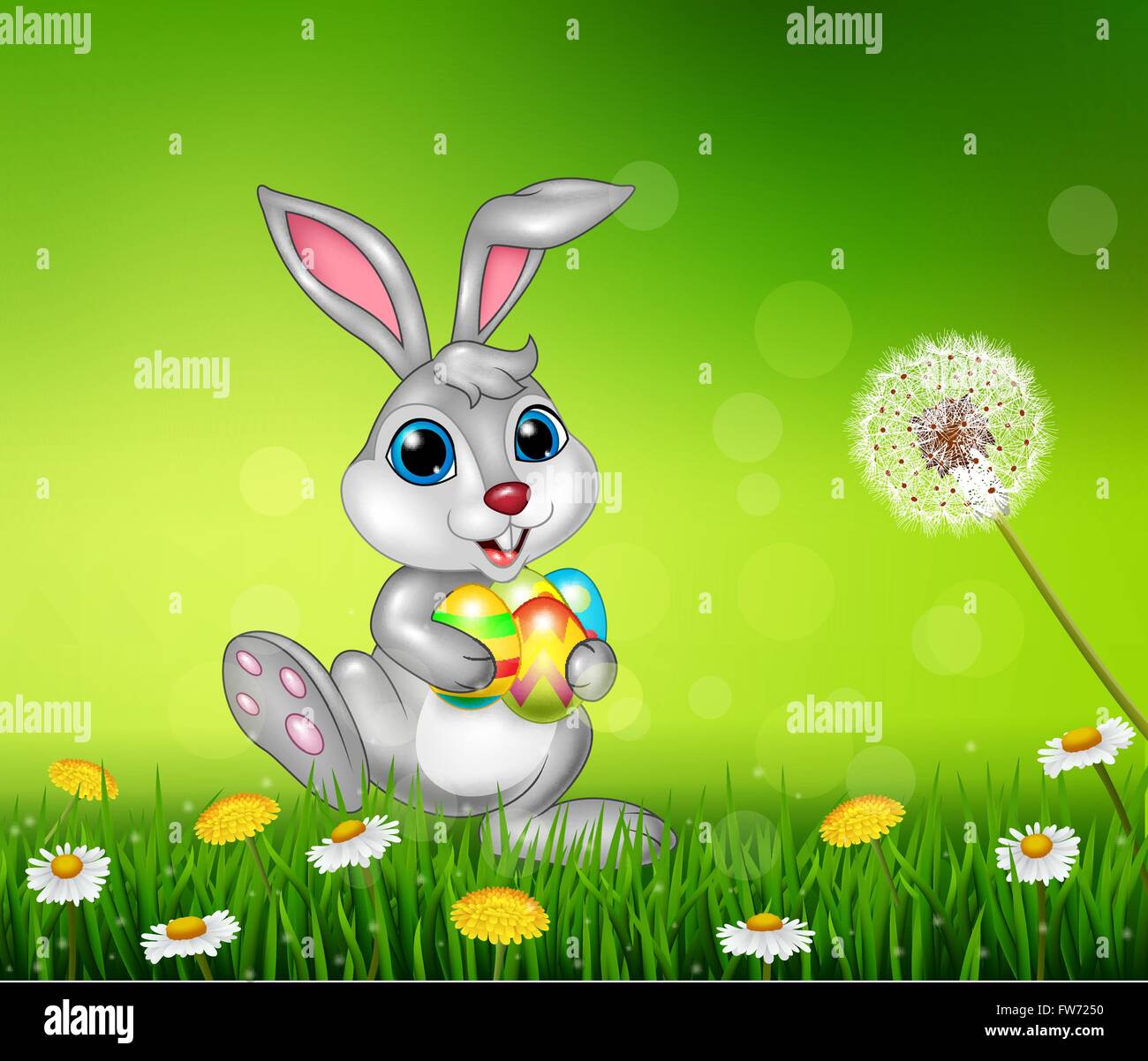 Happy little bunny holding easter eggs on grass background Stock Vector ...