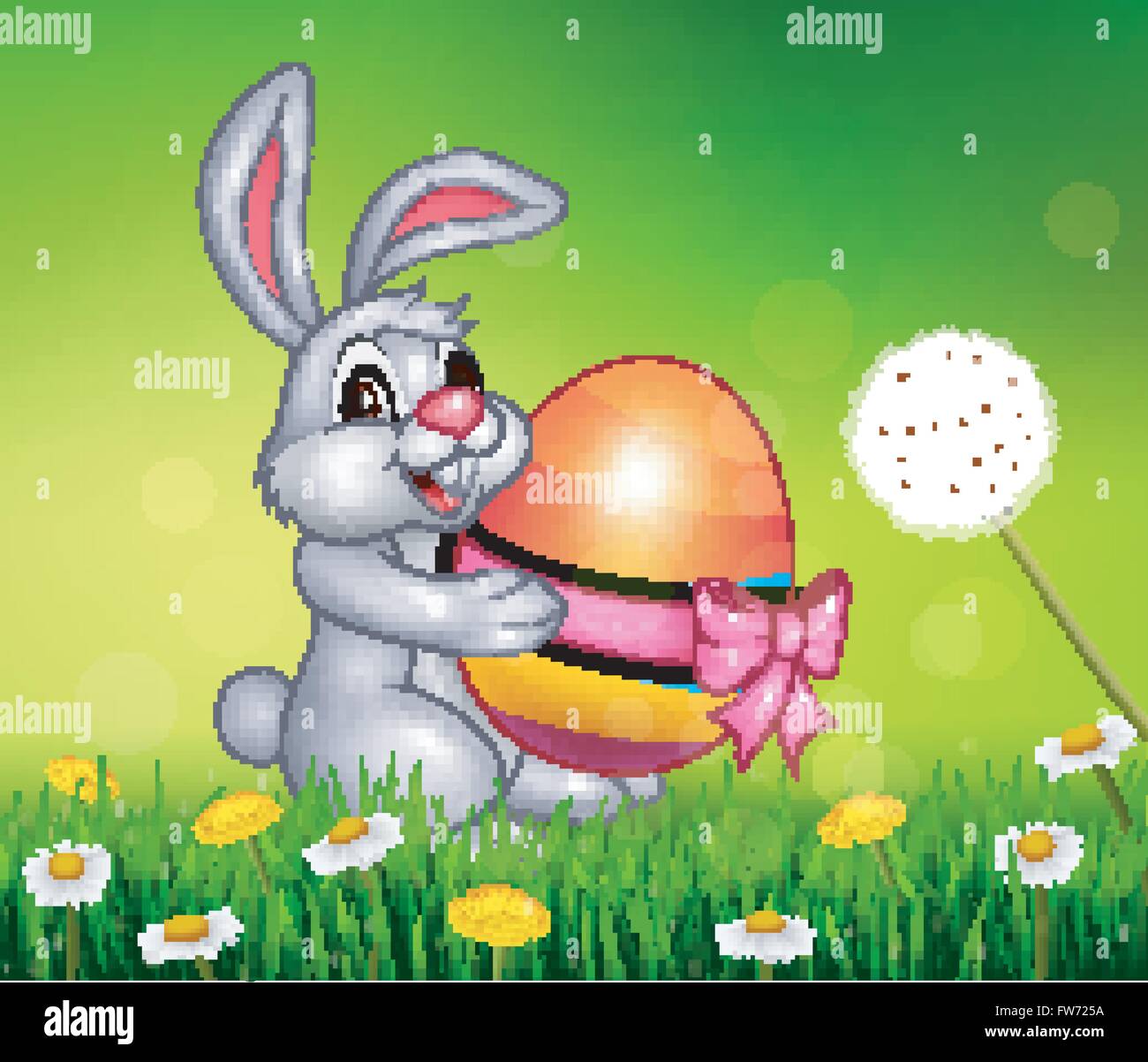 Cute little bunny holding easter egg on grass background Stock Vector ...