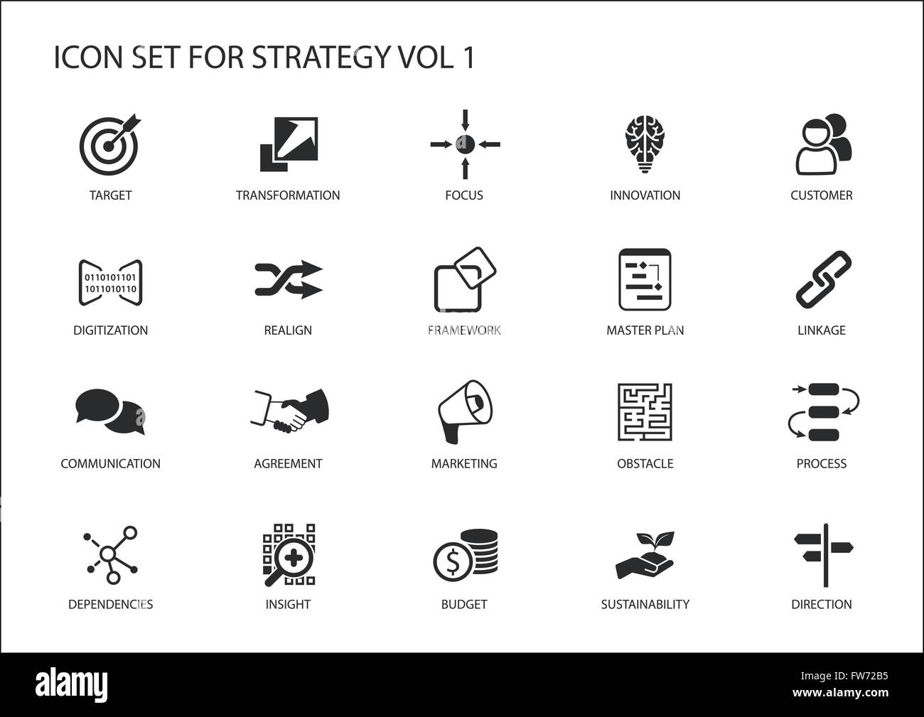 Strategy icon set. Various symbols for strategic topics like target, obstacle, direction, focus, realignment, insight Stock Vector