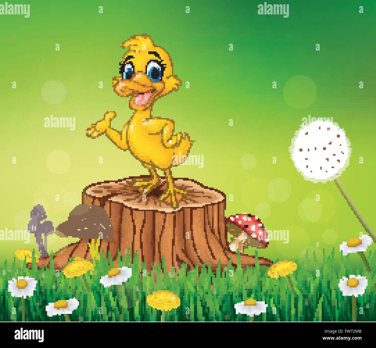 Cartoon funny duck presenting on tree stump in summer season background Stock Vector