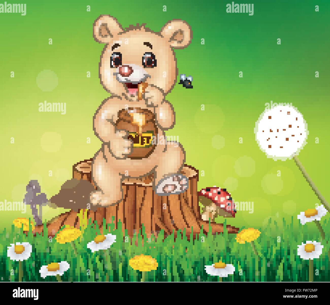 Cute little bear holding honey on tree stump Stock Vector Image & Art ...