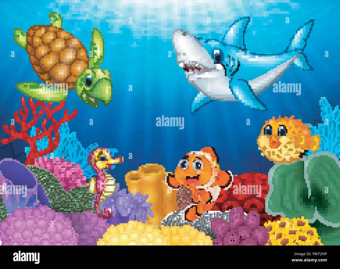 Cartoon tropical fish and beautiful underwater world with corals Stock ...