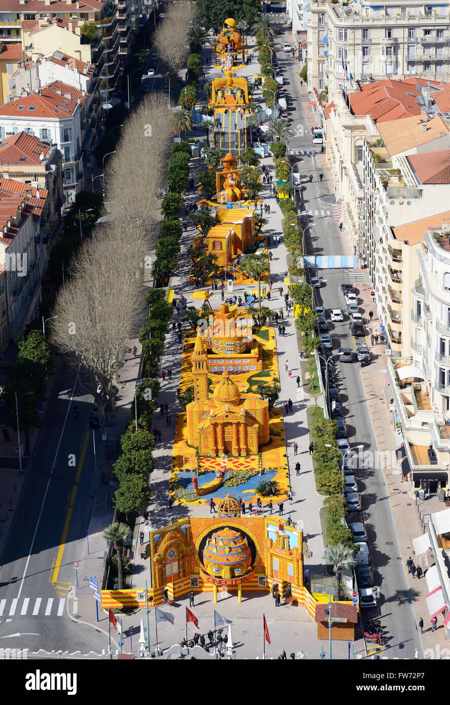 AERIAL VIEW. Lemon Festival at the Biovès Garden in 2016. Menton, Alpes-Maritimes, French Riviera, France. Stock Photo