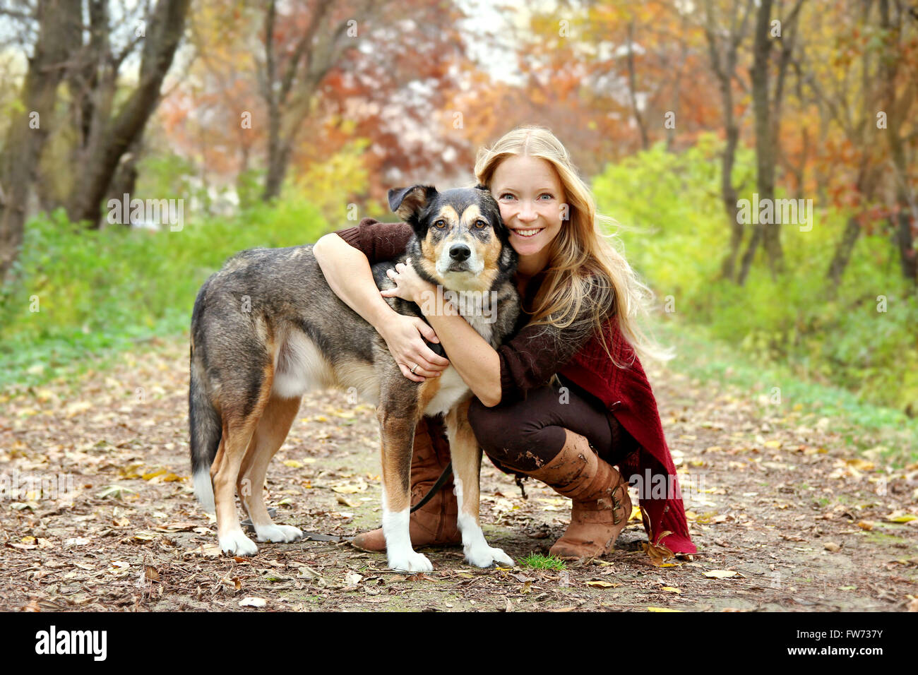 A thirty year old woman is stopping to hug her German Shepherd dog as they are walking through the fallen leaves in the woods Stock Photo