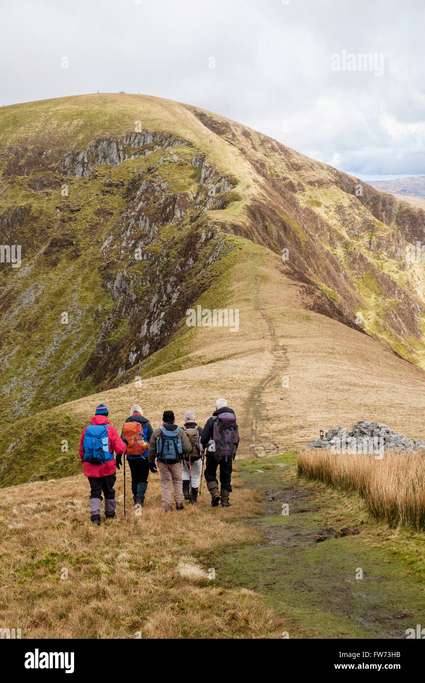 Hikers descending Mynydd Talymignedd towards col and Trum y Ddysgl on
