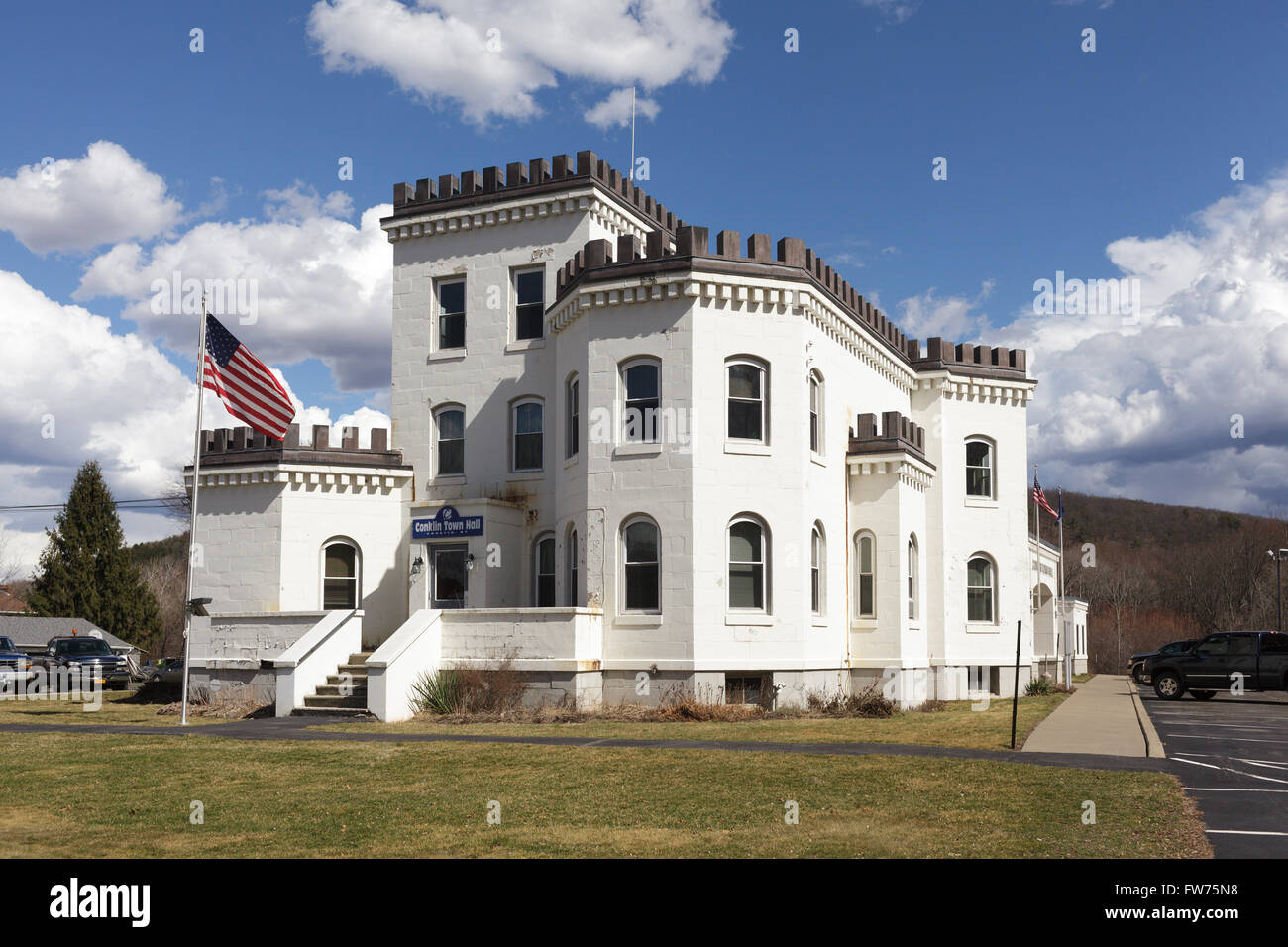 Town hall of Conklin, New York, has crenellated battlements. Southern Tier. USA. Stock Photo