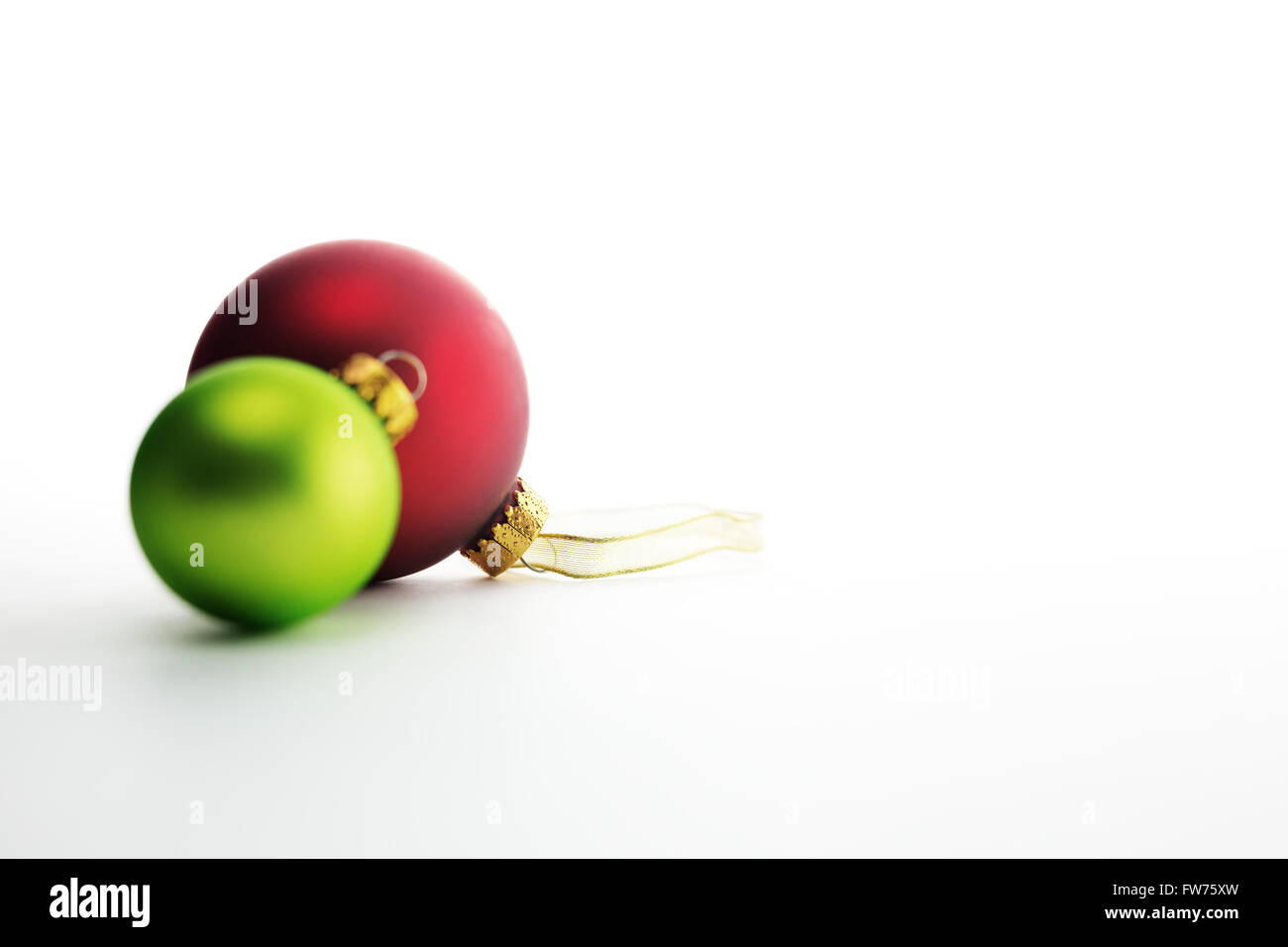 Green glass Christmas ornament with red ribbon on white background