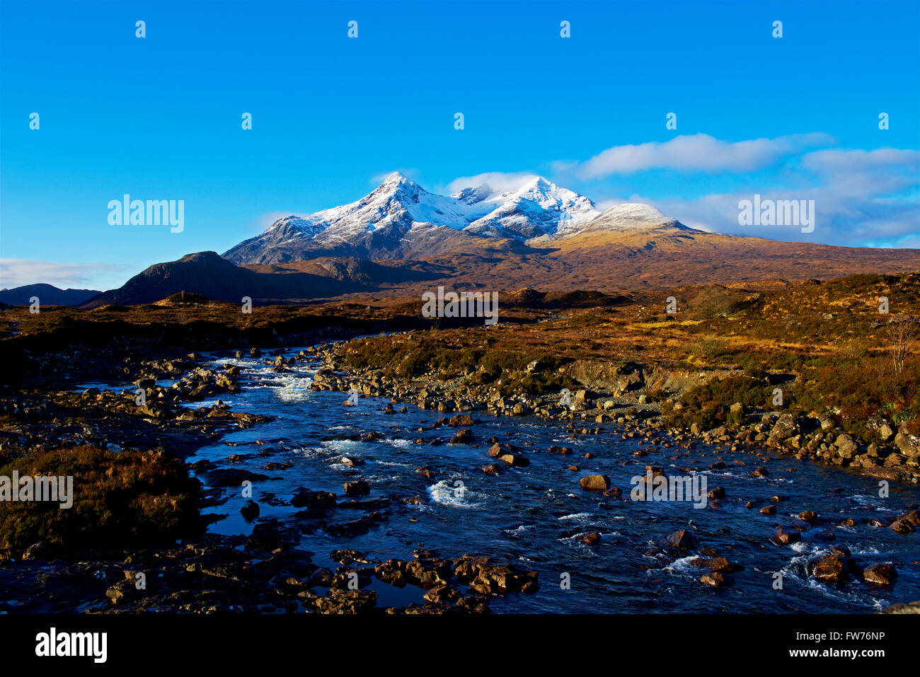 The Cuillin mountains and the River Sligachan, at Sligachan, Isle of Skye, Inner Hebrides, Scotland UK Stock Photo