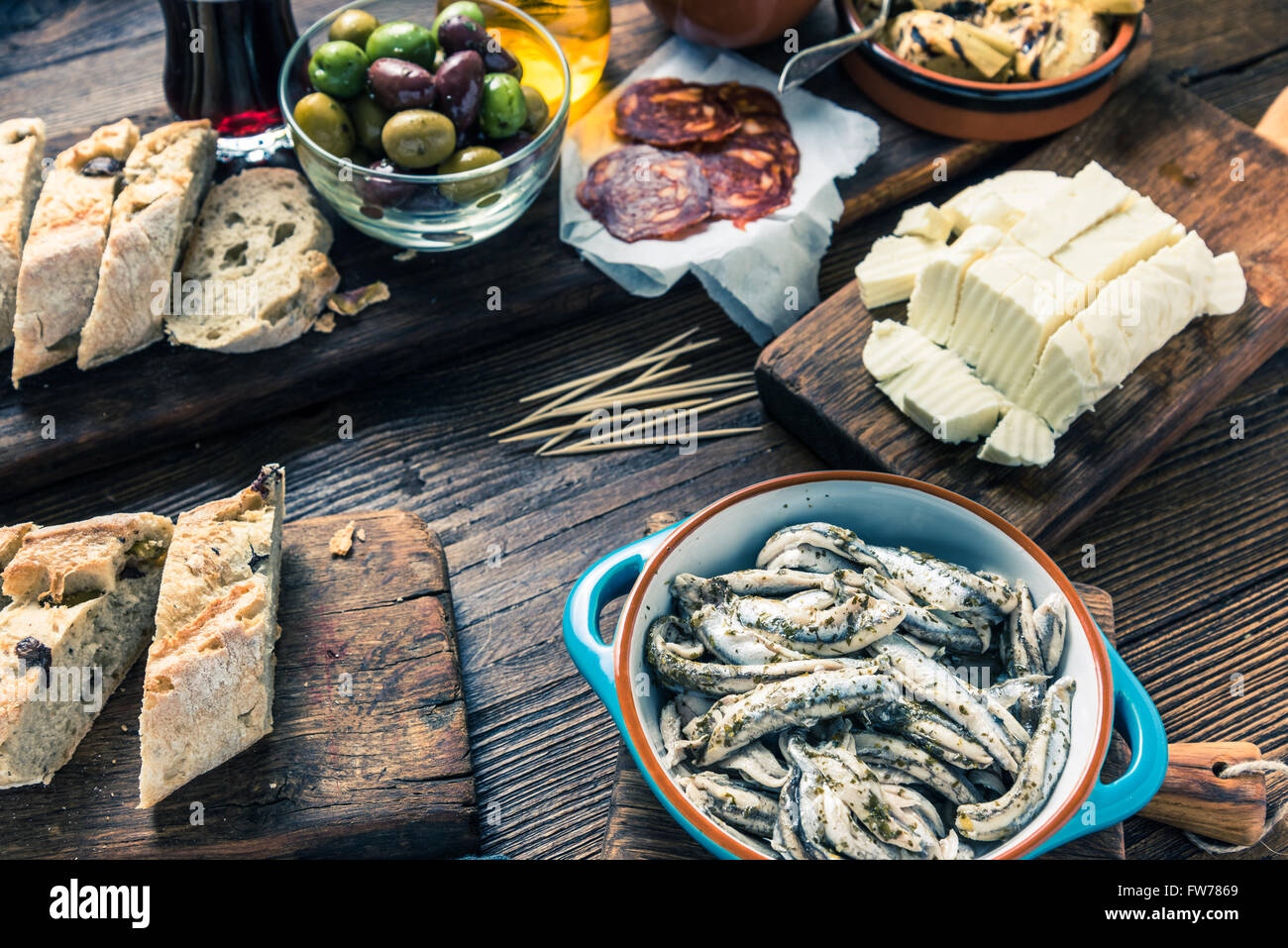 Tonned picture of authentic street spanish tapas Stock Photo