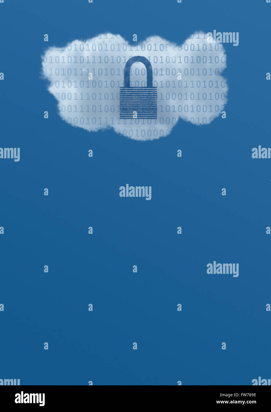 A white cloud with binary data and a locked padlock illustrating the ...
