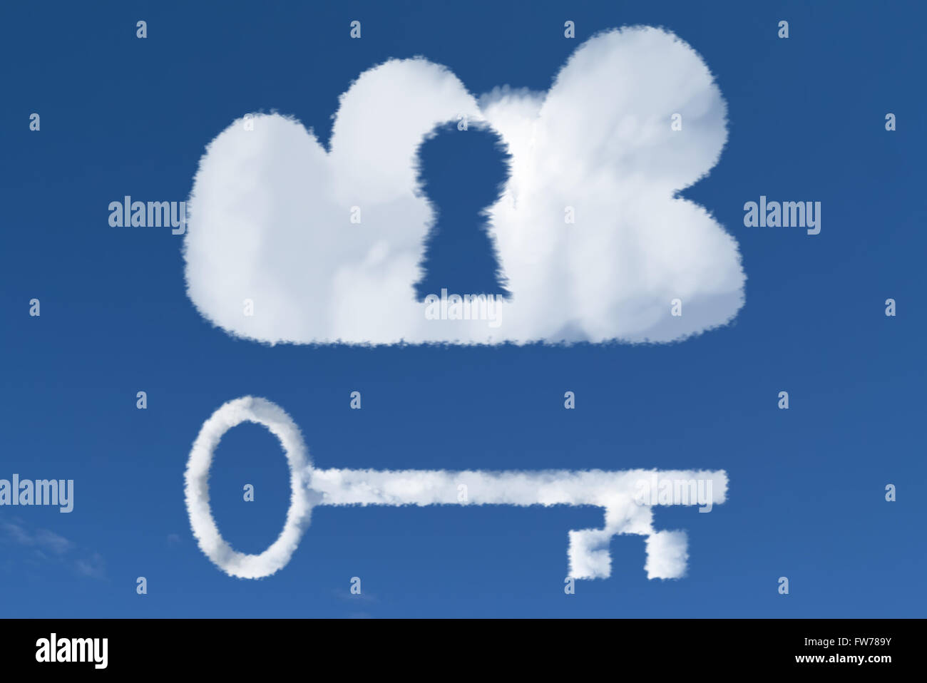 Photo illustration of a cloud with a keyhole and key, symbolizing data security (or vulnerability) in the cloud. Stock Photo