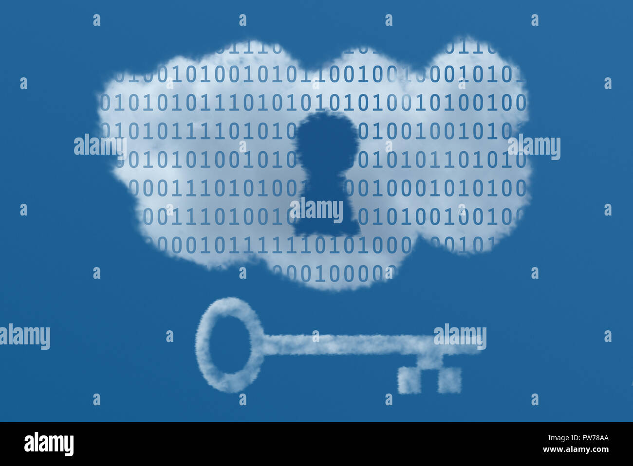 A white cloud with binary data set in a blue sky has a keyhole and key ...