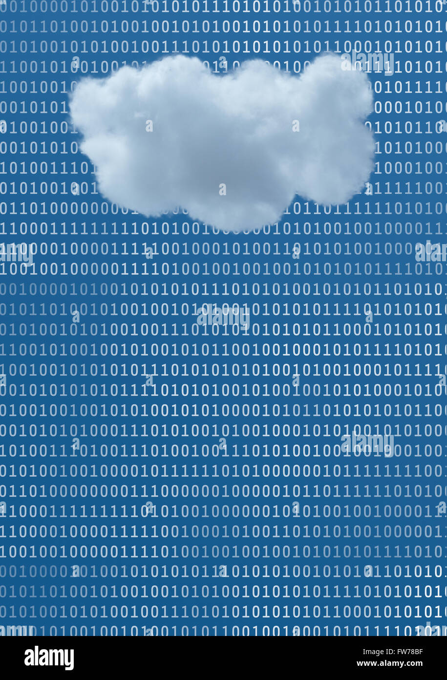 A White Cloud Floats in a Blue Sky filled with Binary Data Stock Photo
