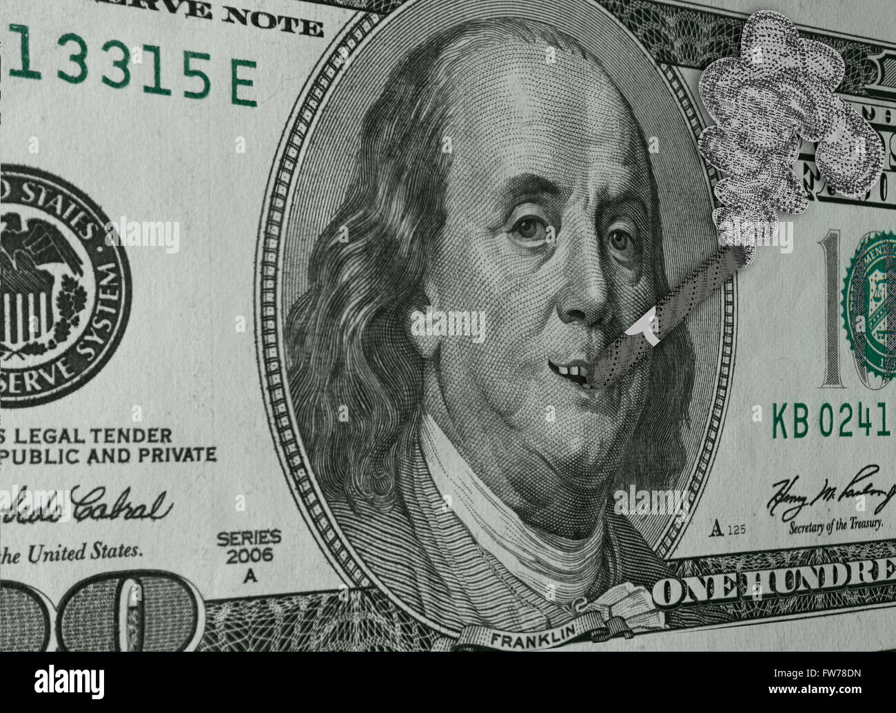 Happy Ben Franklin smoking cigar on hundred dollar bill Stock Photo