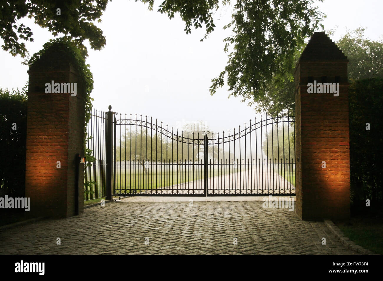 Driveway gate in the fog Stock Photo