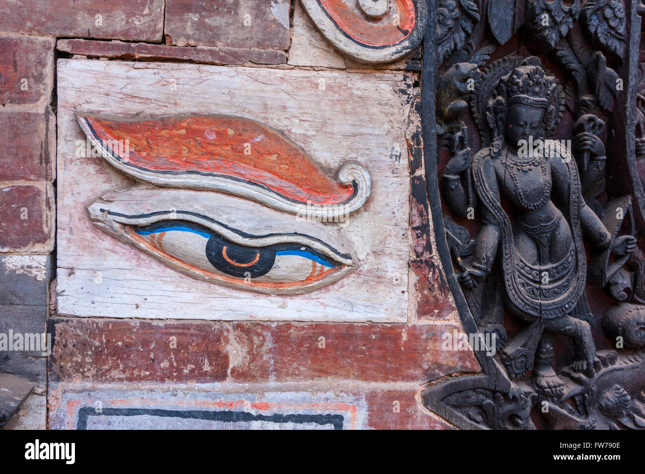 Bhaktapur, Nepal. Eye of the Buddha in a Buddhist Shrine Adjacent to