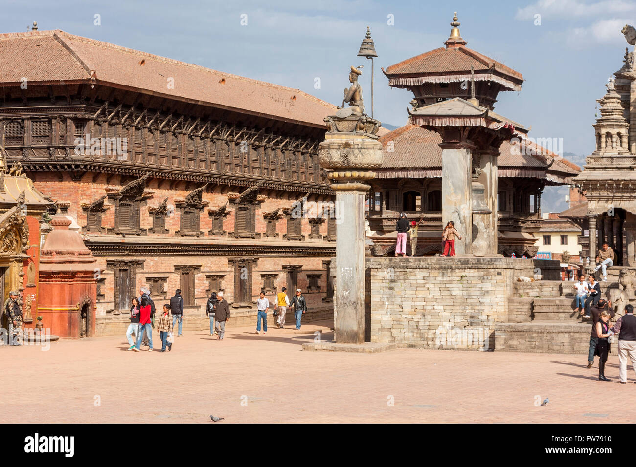 Bhaktapur, Nepal.  Durbar Square, Palace of 55 Windows on Left,  King Bhupatindra's Column in Middle. Stock Photo