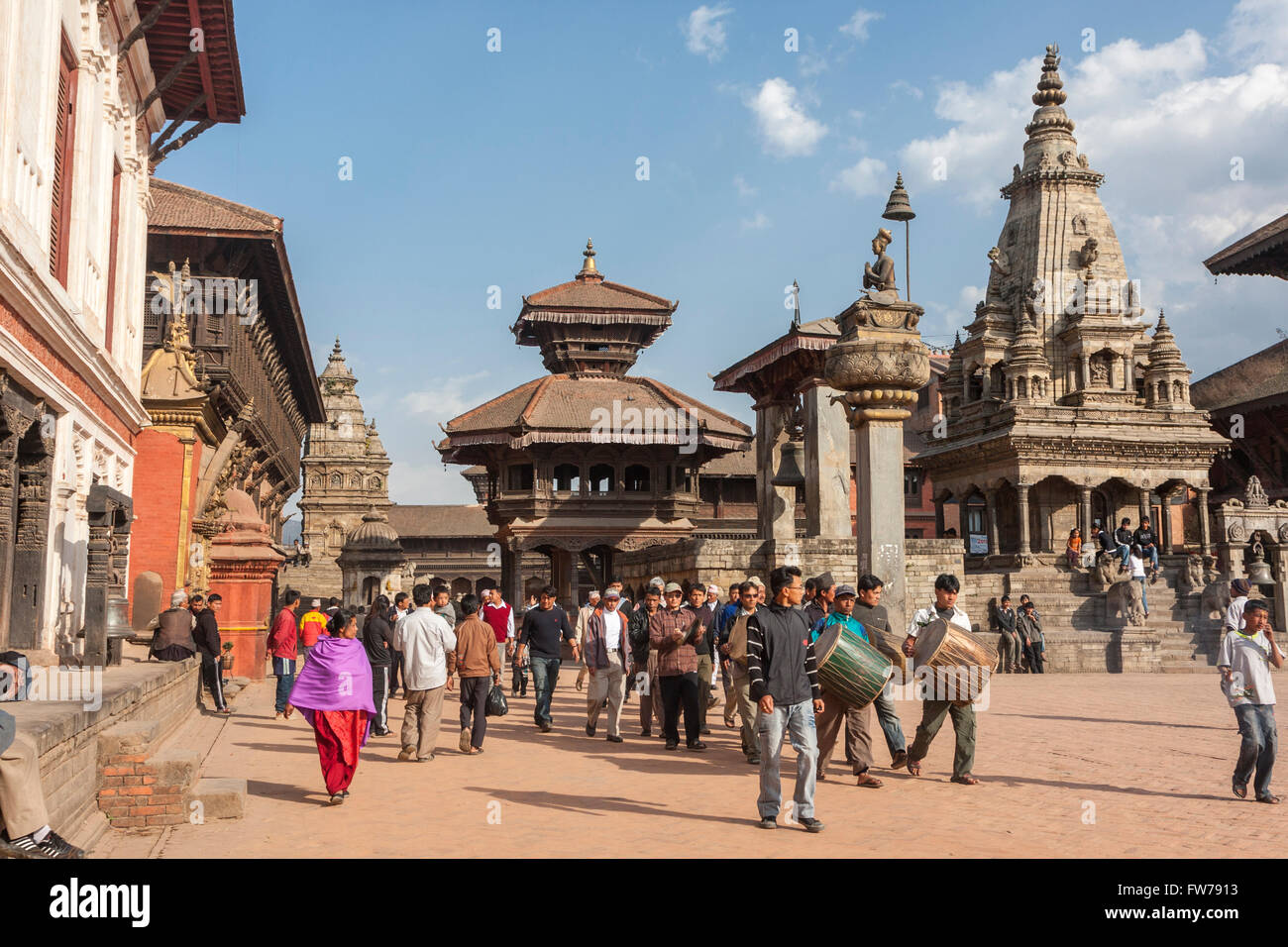 Bhaktapur, Nepal.   Vatsala Durga Temple on right.  The temple was completely destroyed in the earthquake of April 2015. Stock Photo