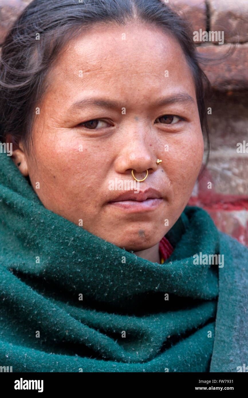 Bhaktapur Nepal. Woman with Nose Ring and Nose Pin Stock Photo