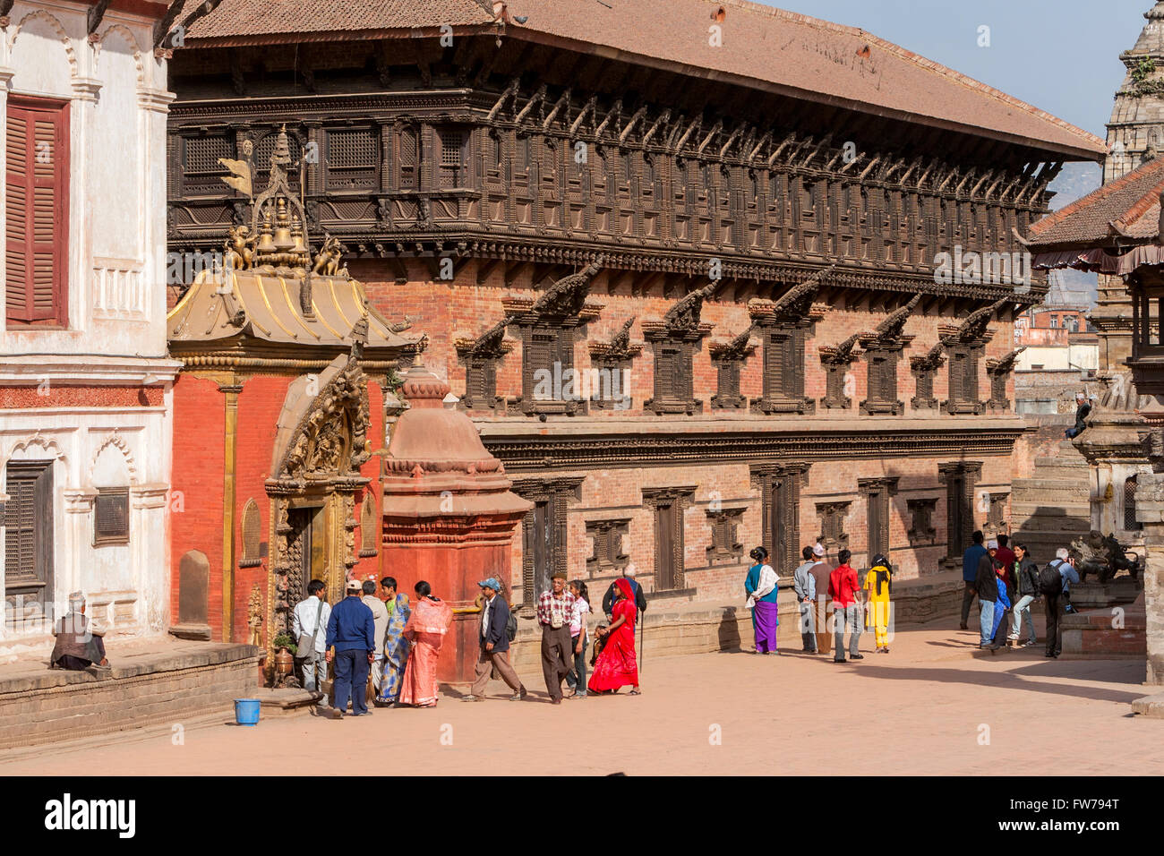 Bhaktapur, Nepal.  Palace of Fifty-five Windows.  Golden Gate Entrance to the Royal Palace on left. Stock Photo