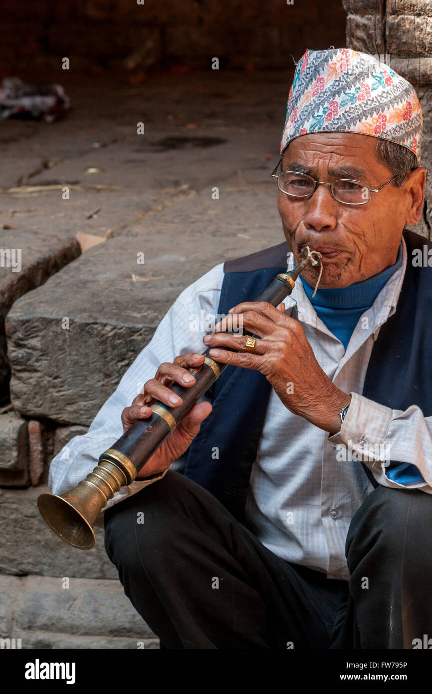 Bhaktapur, Nepal. Newari Musician Playing Nepali Reed Instrument