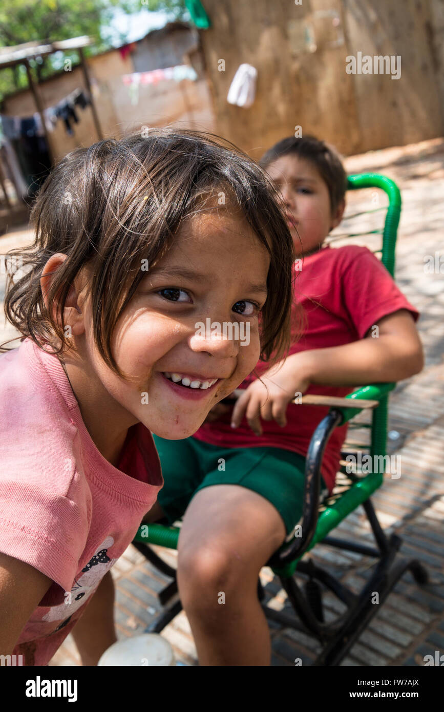 Guarani children in makeshift camp at Plaza de la Independencia, Asuncion, Paraguay Stock Photo