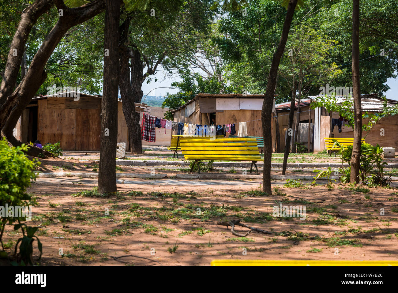 Makeshift camp of Guarani people at Plaza de la Independencia, Asuncion, Paraguay Stock Photo