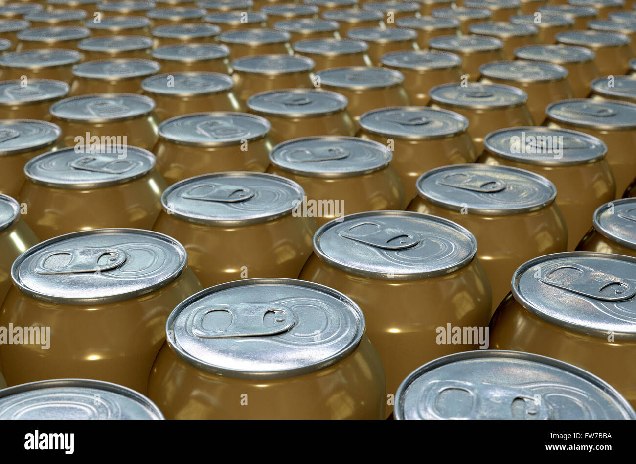 A collection of tin beer cans at the end of a factory production line Stock Photo
