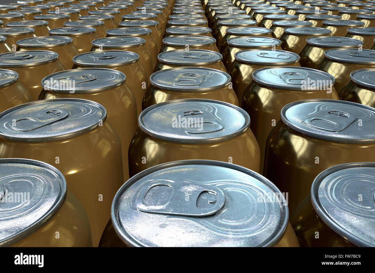 A collection of tin beer cans at the end of a factory production line Stock Photo