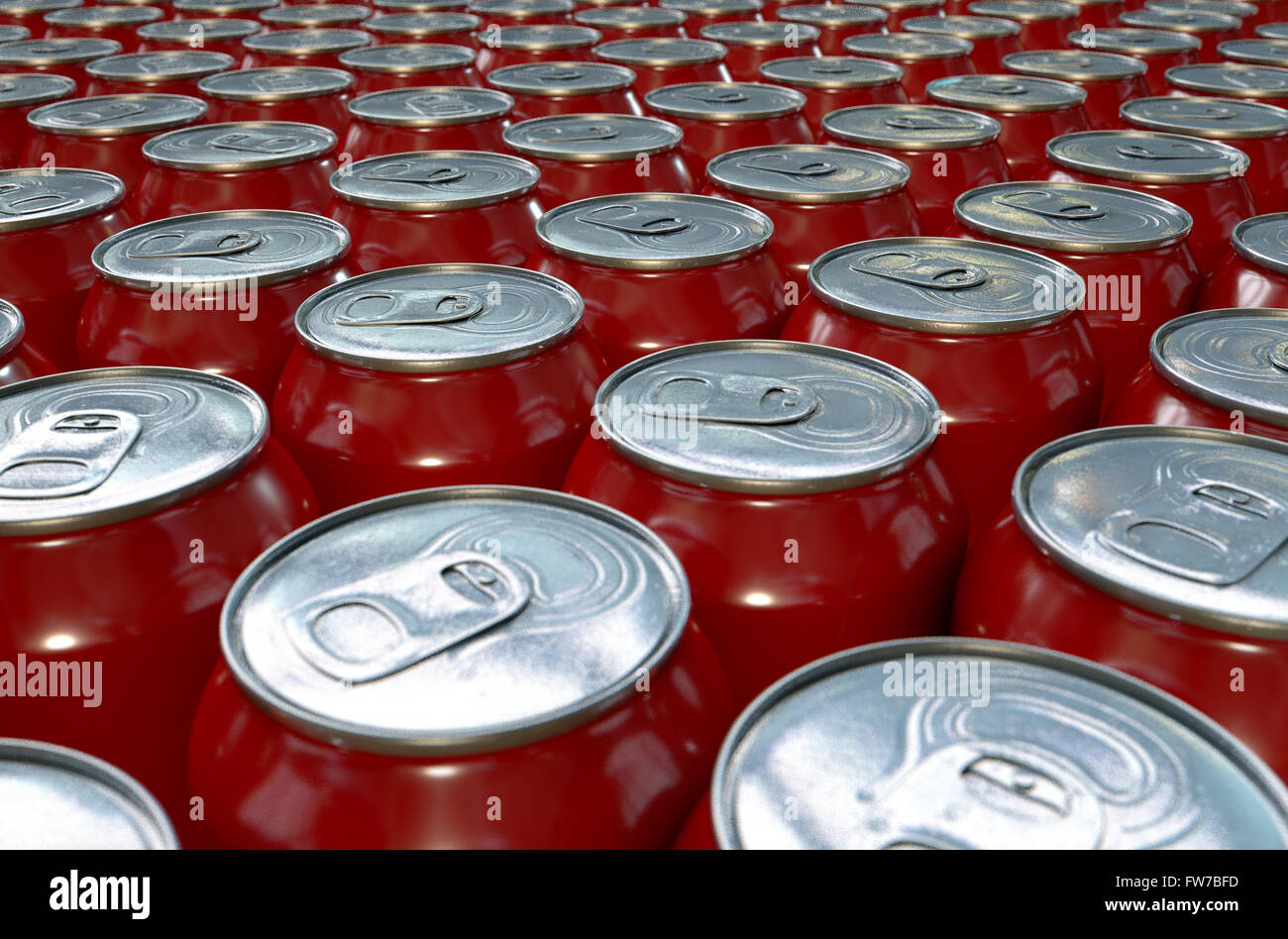 A collection of tin drink cans at the end of a factory production line Stock Photo