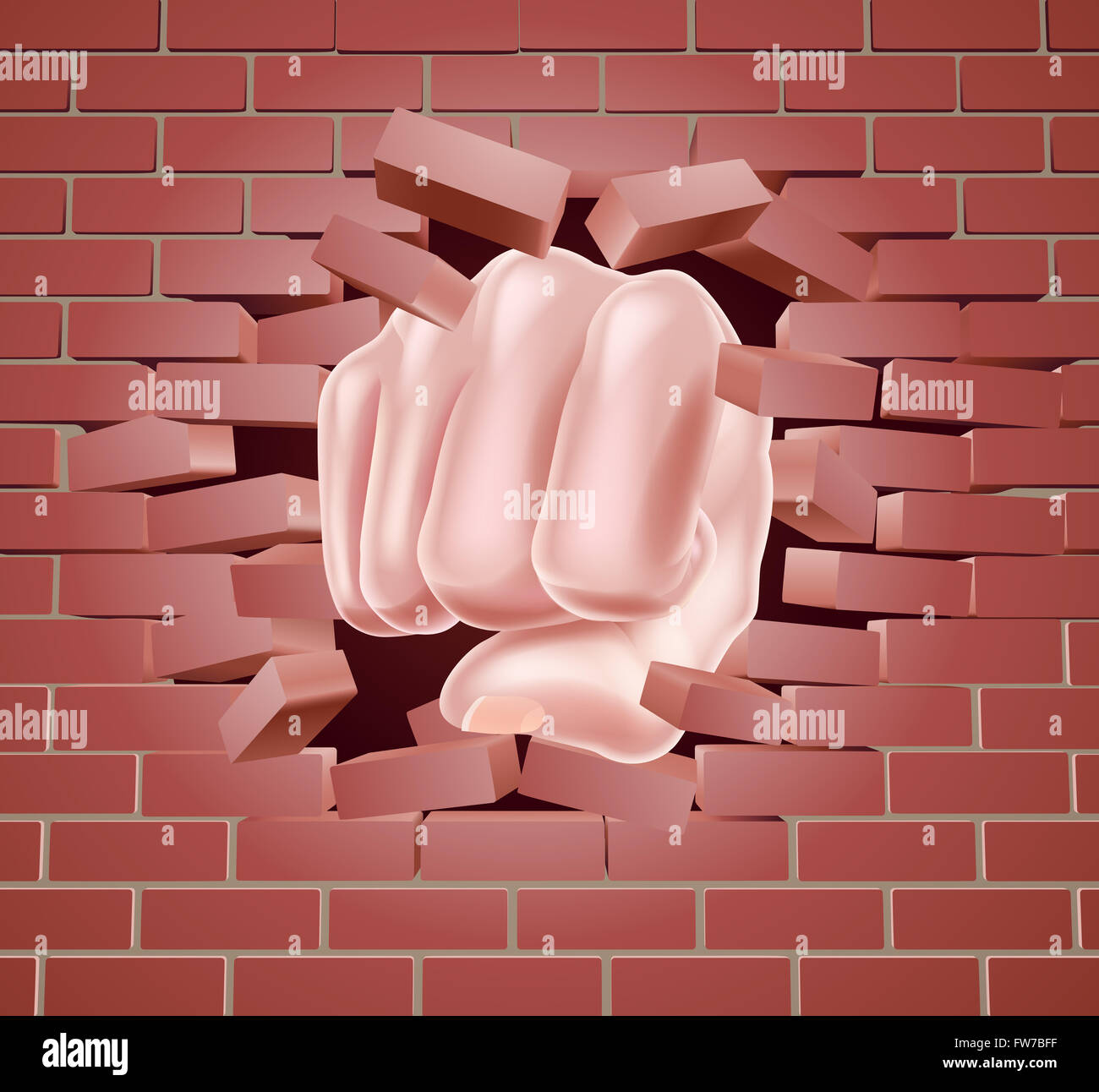 Fist breaking through a brick wall Stock Photo