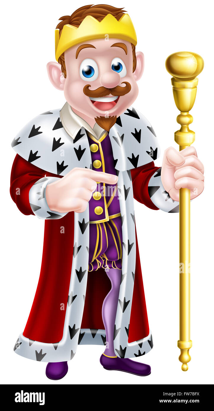 King cartoon character wearing a crown, holding a sceptre and giving a