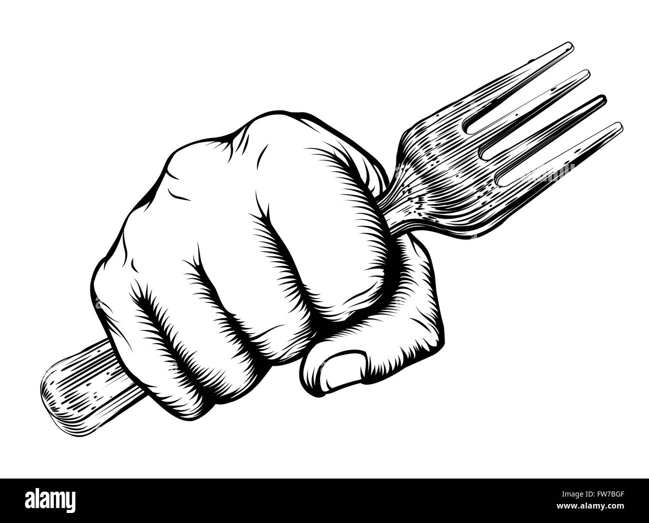 A vintage etched woodcut style fist holding a fork Stock Photo