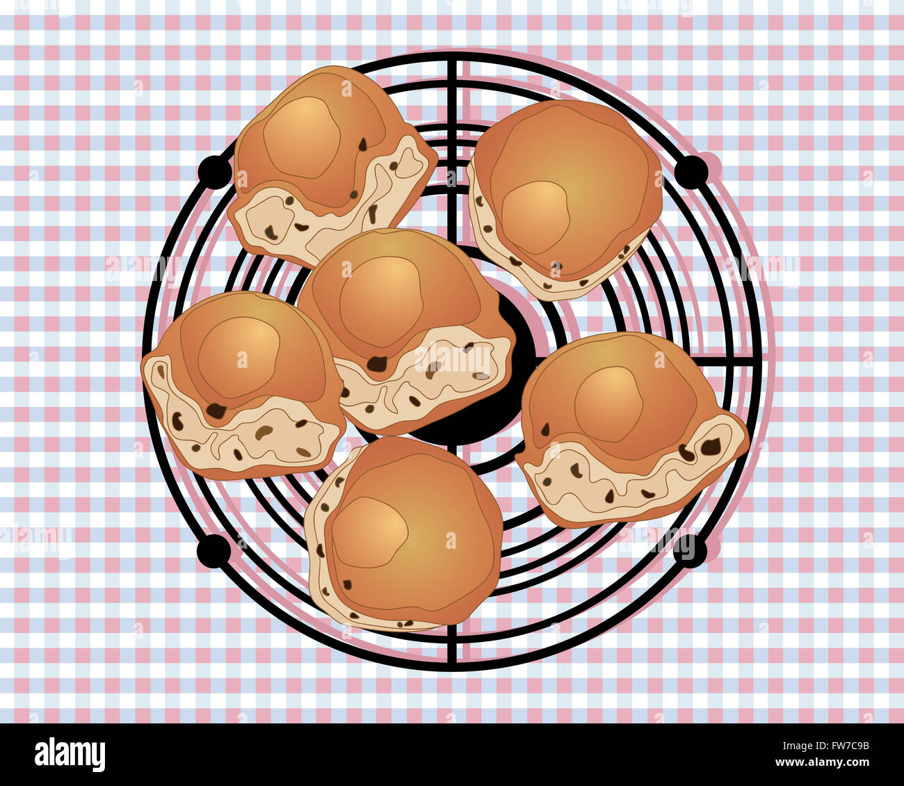 an illustration of a wire rack with buns cooling for afternoon tea on a gingham tablecloth Stock Photo