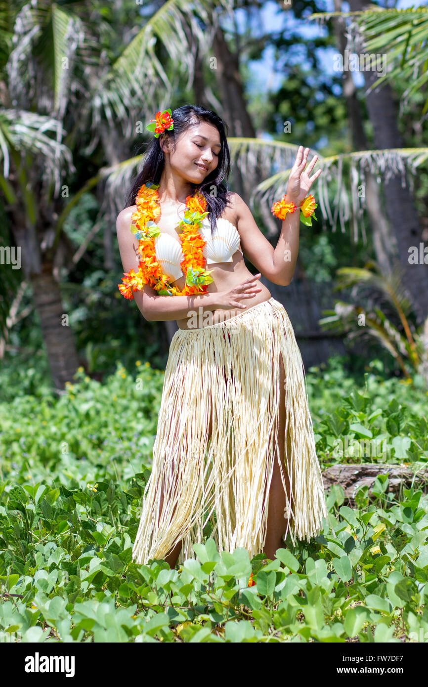 Woman Dancing In Traditional Clothing Hawaii Hula Dancer Stock Photo