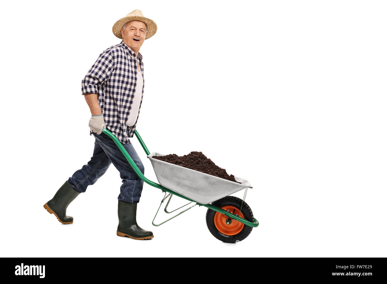 Mature gardener pushing a wheelbarrow full of dirt isolated on white background Stock Photo
