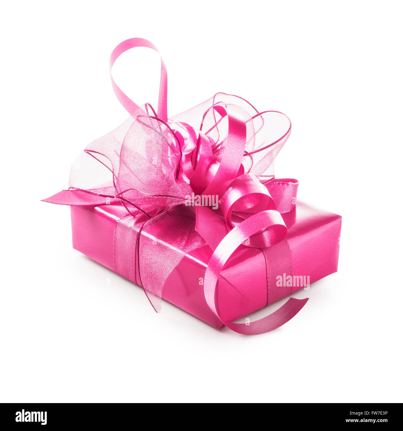 Pink gift box with ribbon bow. Luxury holiday present. Object isolated on white background clipping path included Stock Photo