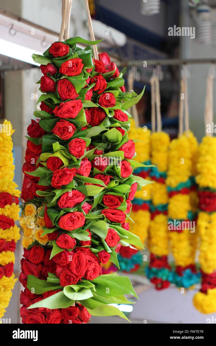 Garland of temple flowers in Little India, Singapore Stock Photo