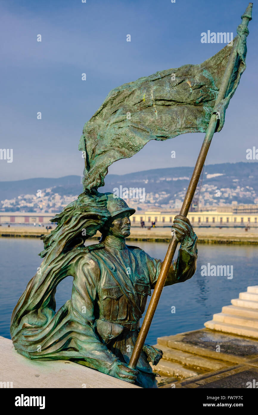 Bersagliere, Military First World War statue with the flag, Trieste Italy Stock Photo