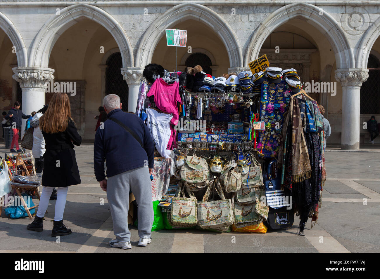 Typical souvenir stand in Piazza San Marco, offering a wide variety of traditional Venetian symbolic goods Stock Photo