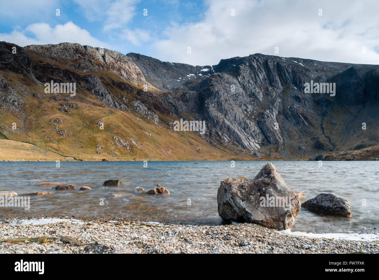 Cwm Idwal and Twll Du or The Devils Kitchen in the Glyderau range of mountains in northern Snowdonia National Park North Wales Stock Photo