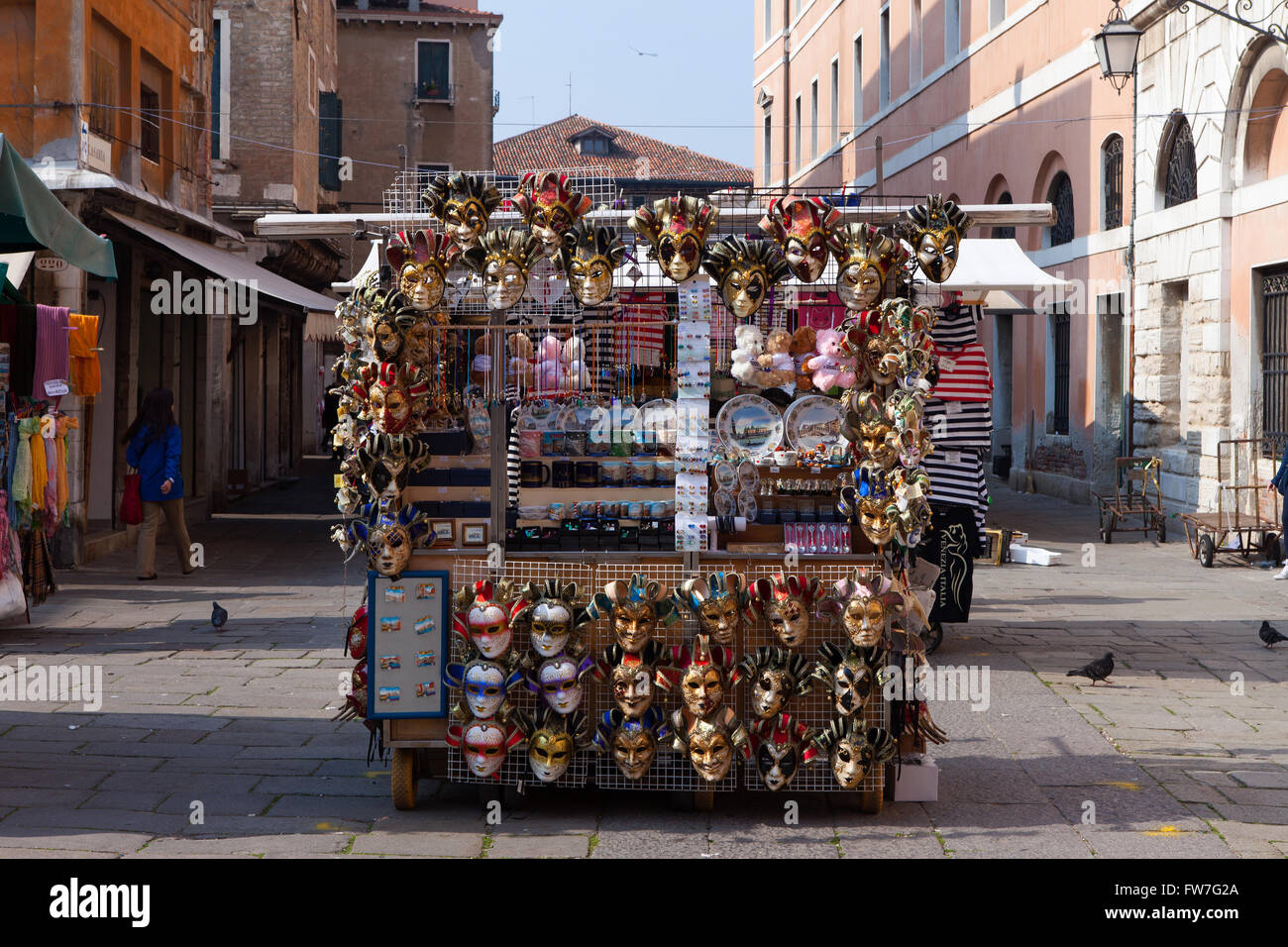 Typical souvenir stand in Piazza San Marco, offering a wide variety of traditional Venetian symbolic goods Stock Photo