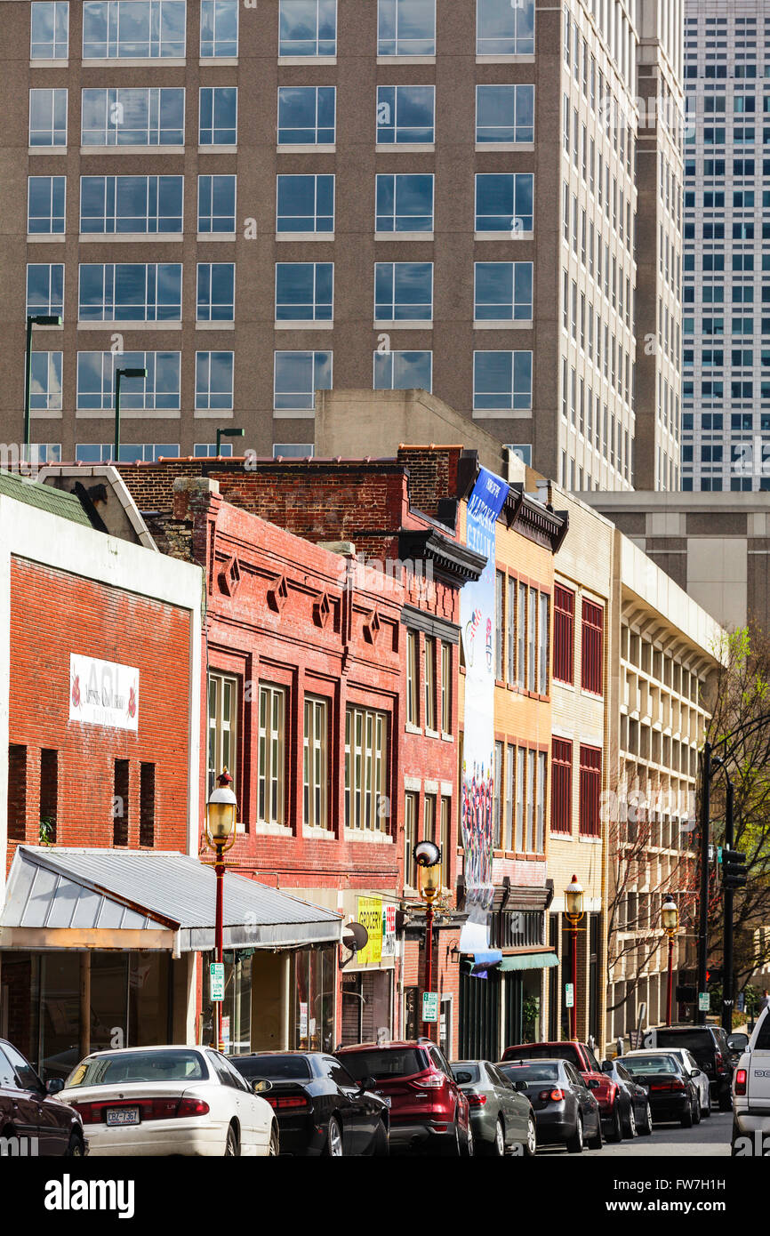 Liberty Street and downtown high rises, Winston-Salem, North Carolina, USA. Stock Photo