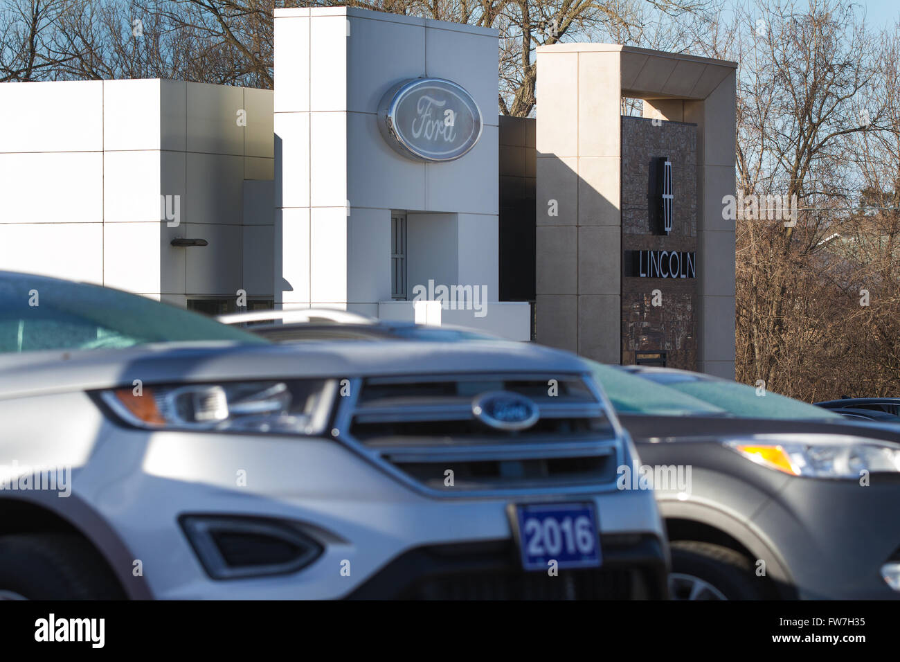 Ford and Lincoln car dealership in Kingston, Ont., on March 21, 2016. Stock Photo