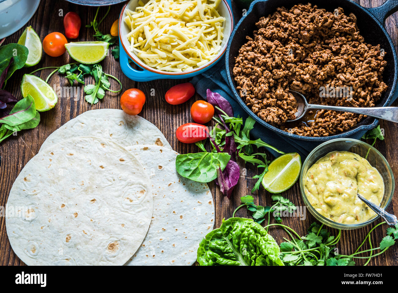 Mexican street simple street food, tortillas with minced beef and