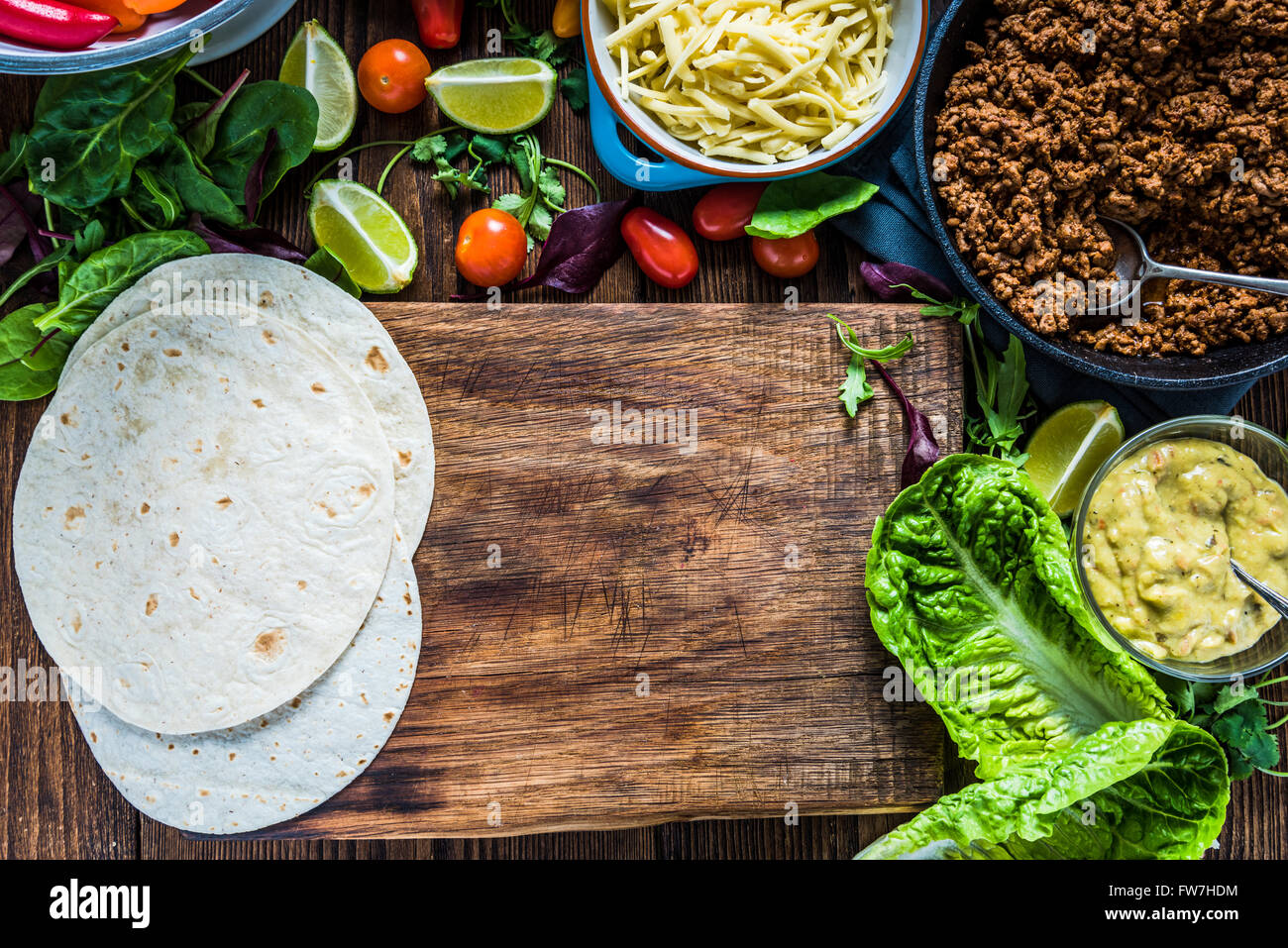 Mexican street simple street food, tortillas with minced beef and