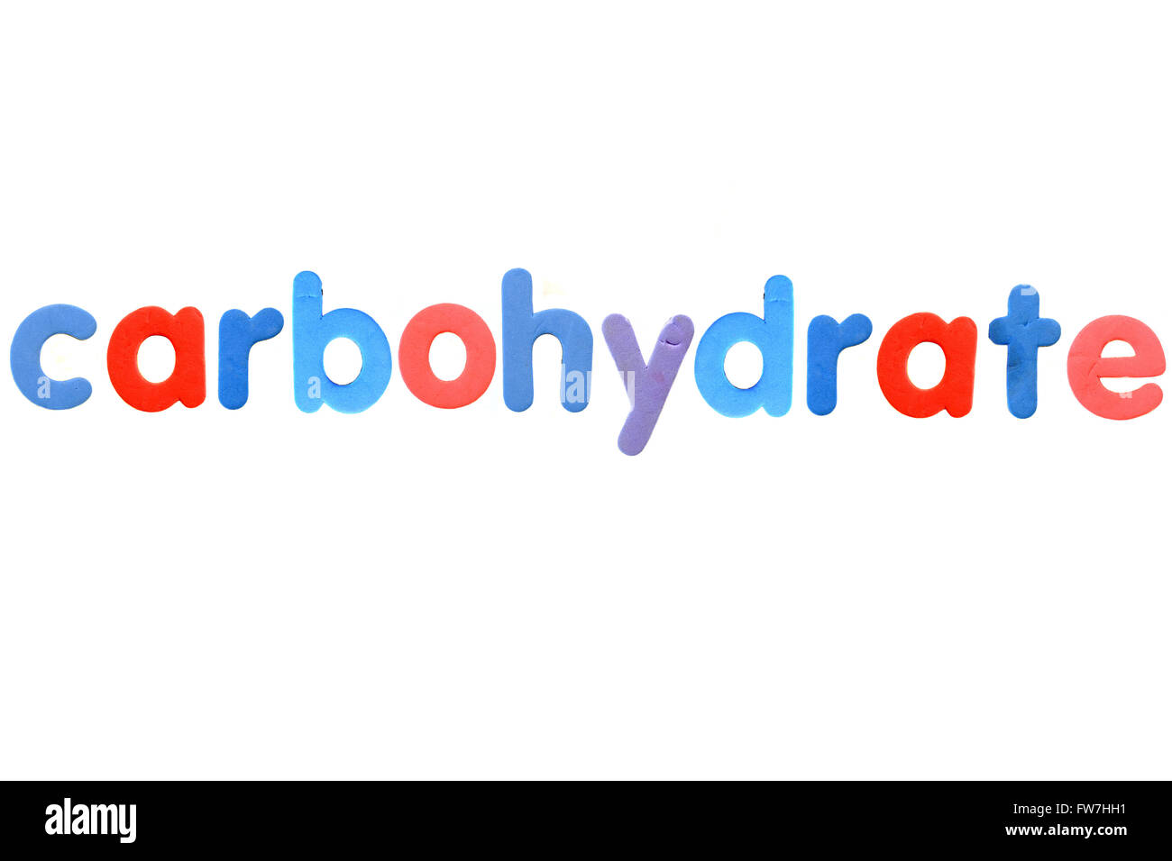 The word Carbohydrate created from magnetic fridge alphabet pieces photographed against a white background. Stock Photo