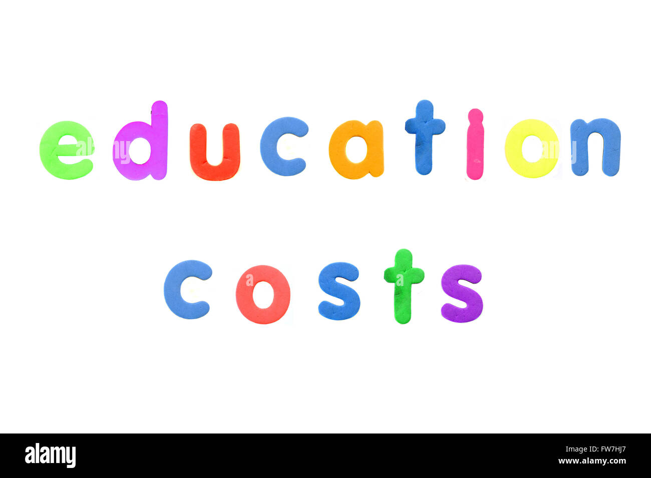 The words Education Costs created from magnetic fridge alphabet pieces photographed against a white background. Stock Photo